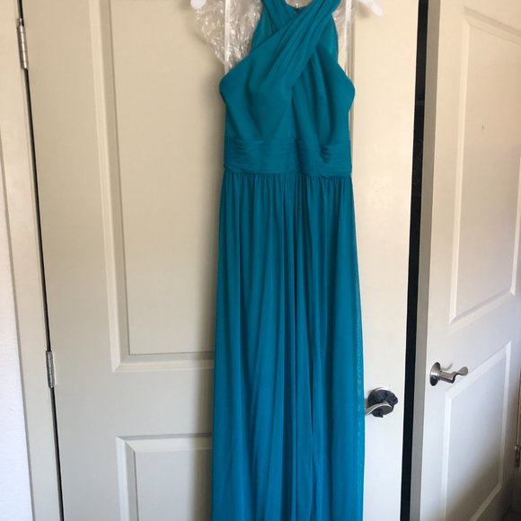 Unaltered David's Bridal High-Neck Mesh Crisscross Bridesmaid Dress Oasis - Picture 7 of 8